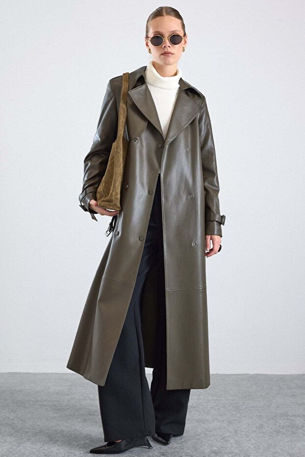 Leather Trench Coat with Cape Detail and Snap Closure Haki̇ 6875