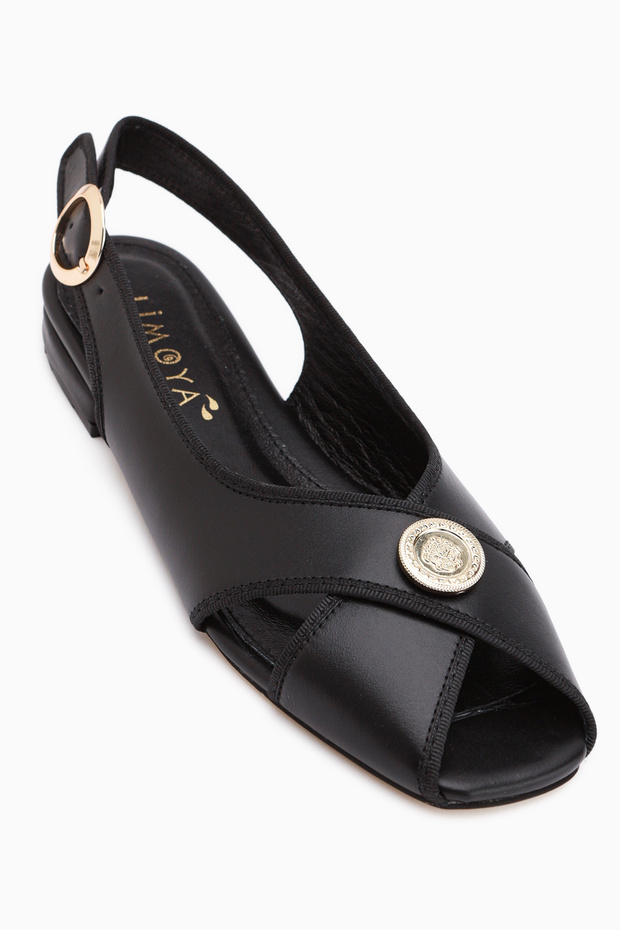 Sarah Genuine Leather Black Cross-Strapped Short Heeled Women's Sandals