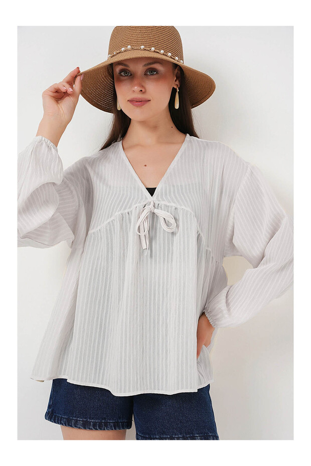 Lace-Up Front Long Sleeve White Women's Shirt 946