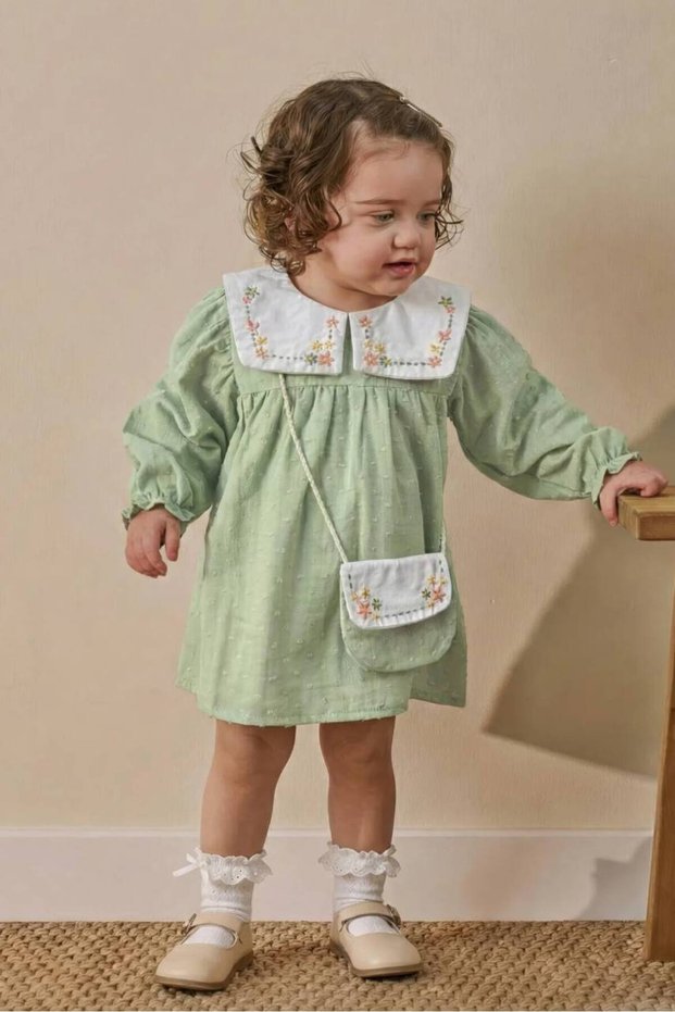 Baby Girl Embroidered Peter Pan Collar Muslin 100% Cotton Bag Dress