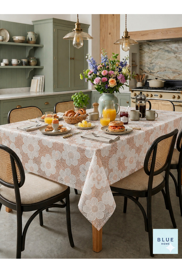 Tablecloth with Pvc Lace Appearance, Easy to Clean, Non-Slip, Liquid-Proof, Without Holes. Cream Coffee