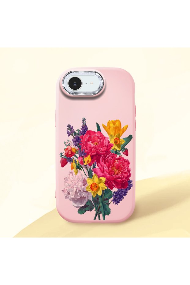 iPhone 16E Compatible Case with Camera Protector Pink Silicone Couple Phone Case with Floral Pattern