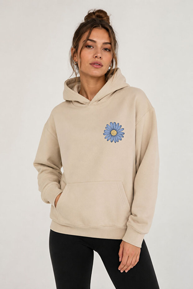 Daisy Printed Hooded 2 Thread Threaded Sweatshirt