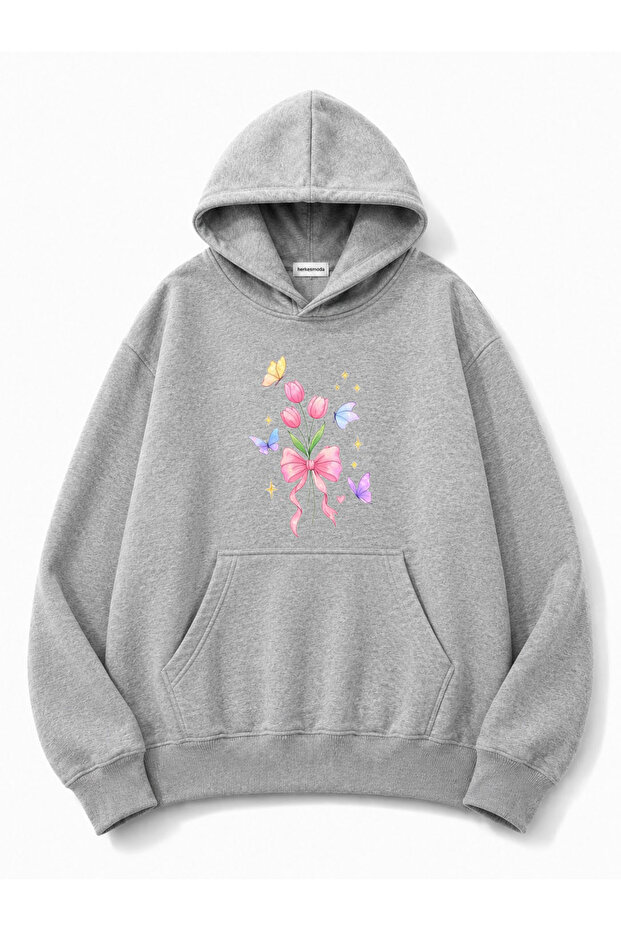 Tulip Flower Printed Hooded 2 Thread Threaded Sweatshirt