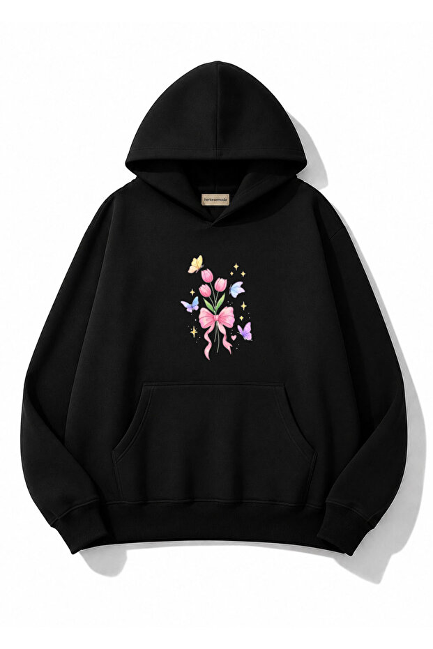 Tulip Flower Printed Hooded 2 Thread Threaded Sweatshirt