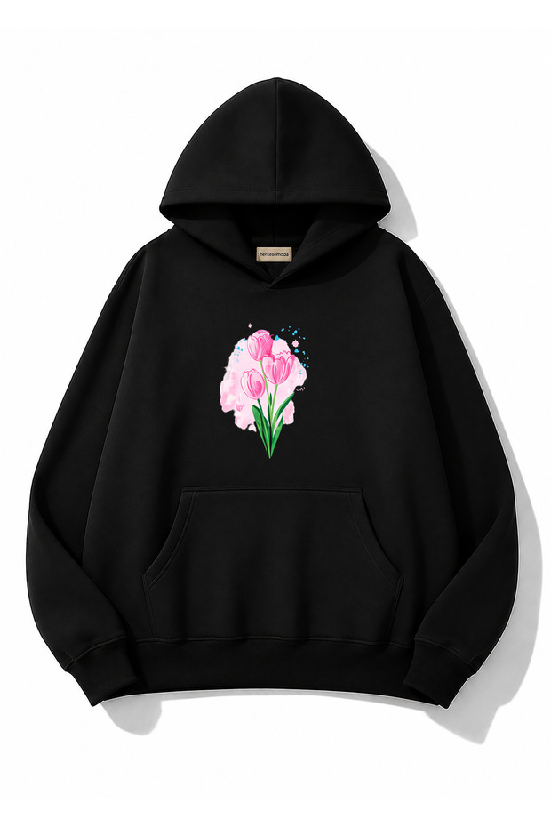 Tulip Printed Hooded 2 Thread Threaded Sweatshirt