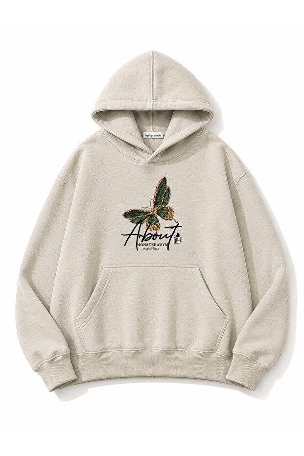 Green Butterfly Printed Hooded 2 Thread Threaded Sweatshirt