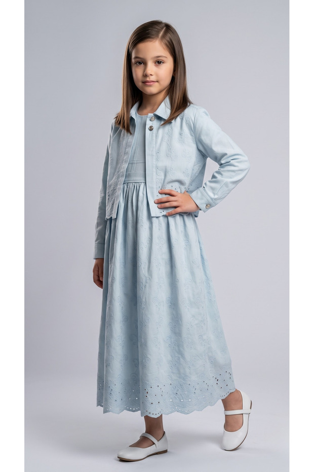 Girl's Full Hijab Dress with Shirt, Cotton Dress with Scallop Detail, Ages 7-14