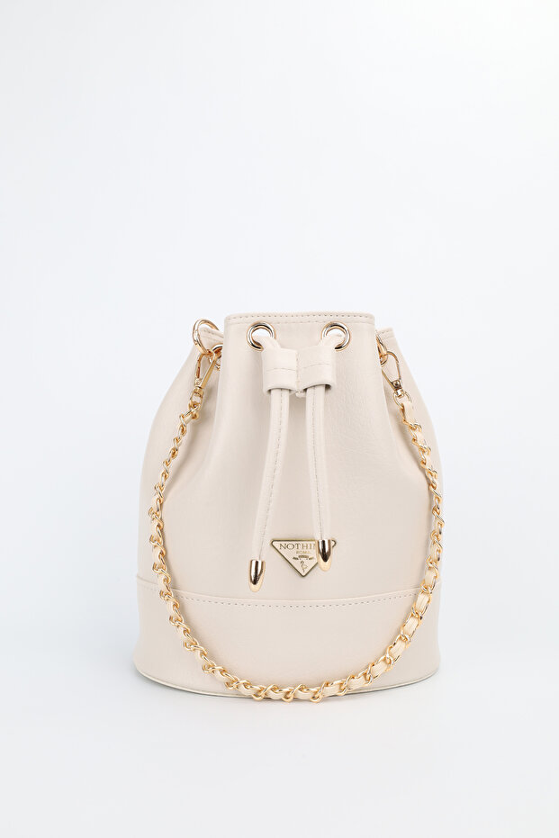 Women's Cream Chain Detailed Drawstring Shoulder Crossbody Bag Momo