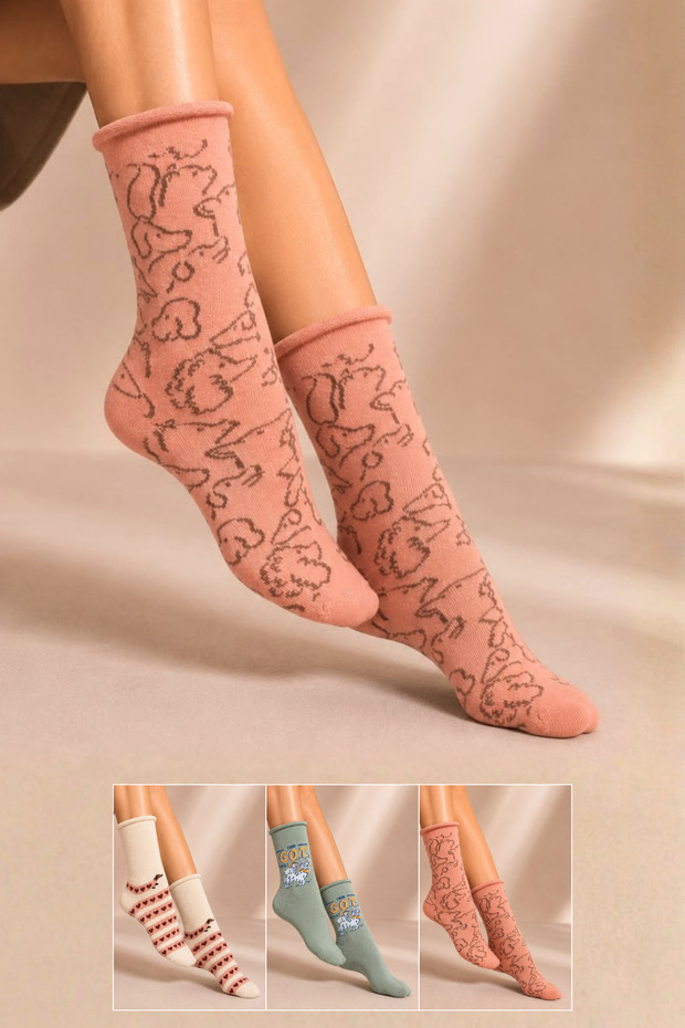 Women's Cotton Diabetic Patterned Socks Multi-Colored 3-Pack
