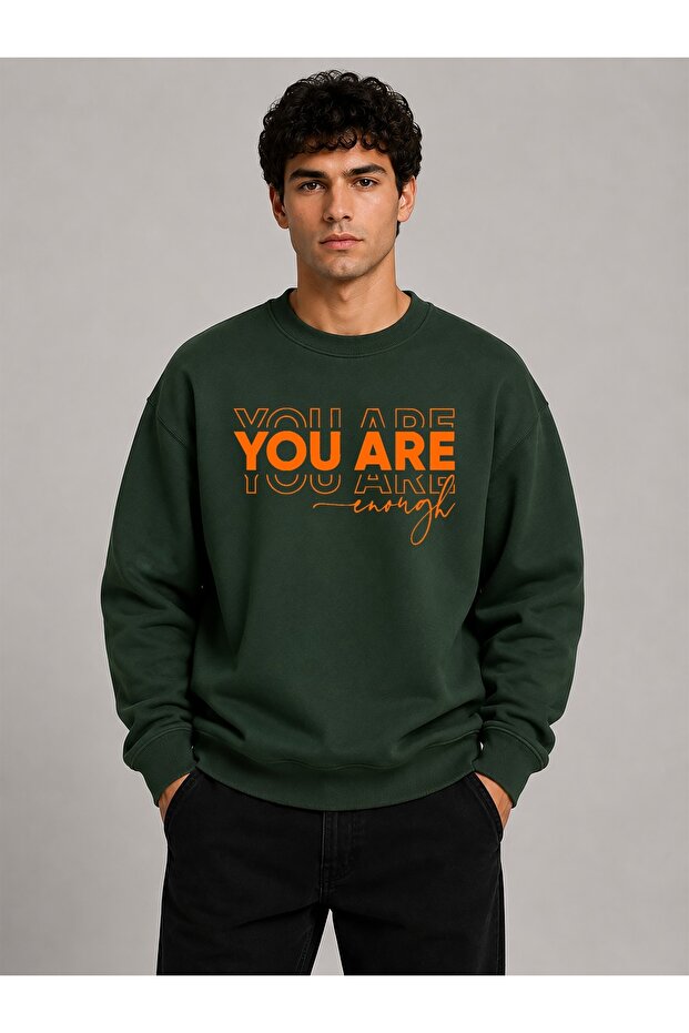You Are Print Detailed Crew Neck 2 Thread Sweatshirt with Embroidery