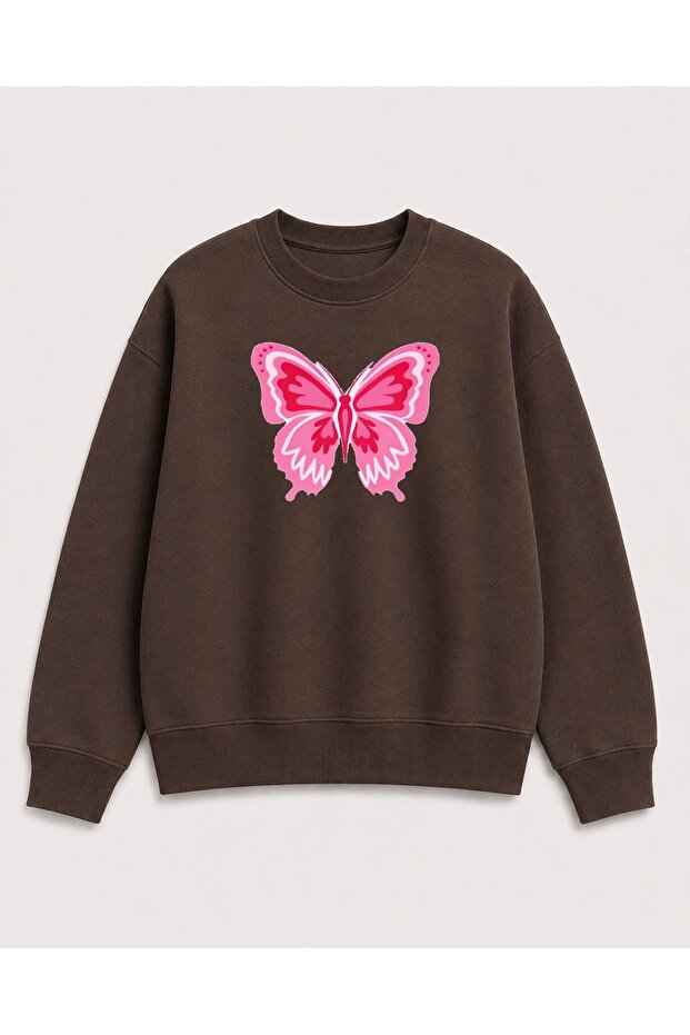 Butterfly Print Detailed Embroidered 2 Thread Crew Neck Sweatshirt