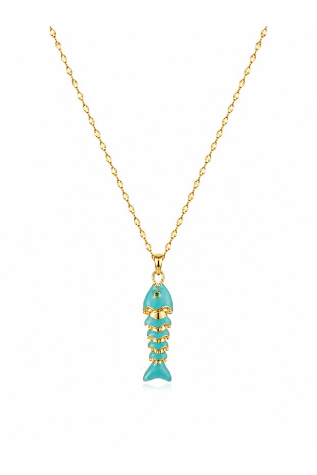 Gold Color Blue Fish Figured Chain Necklace – Sea Themed Women's Necklace