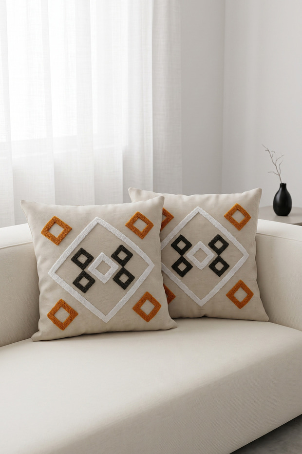 2-Piece Punch Embroidered Throw Pillow Cover Modern Bohemian Decorative Sofa Cushion Cover