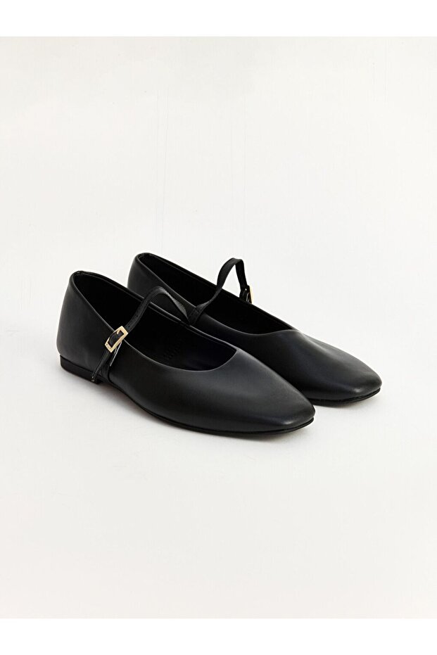 Lcw Steps Black Leather Look Women's Ballerinas