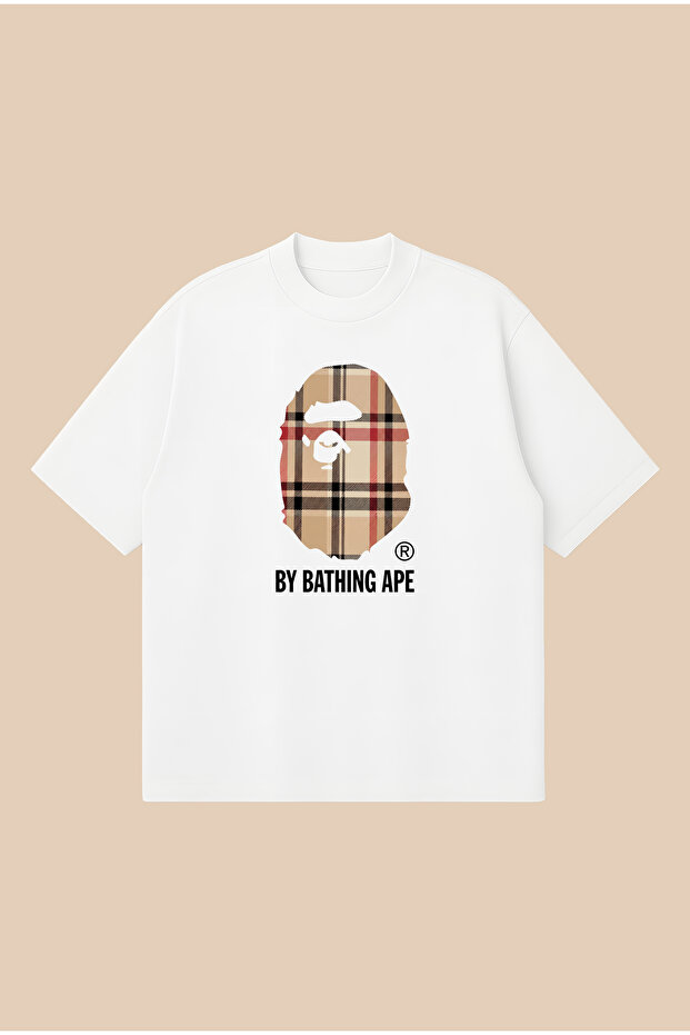 Cream Plaid Bape Printed Oversize Boxy Cut Unisex 100% Cotton Tshirt | Streetwear