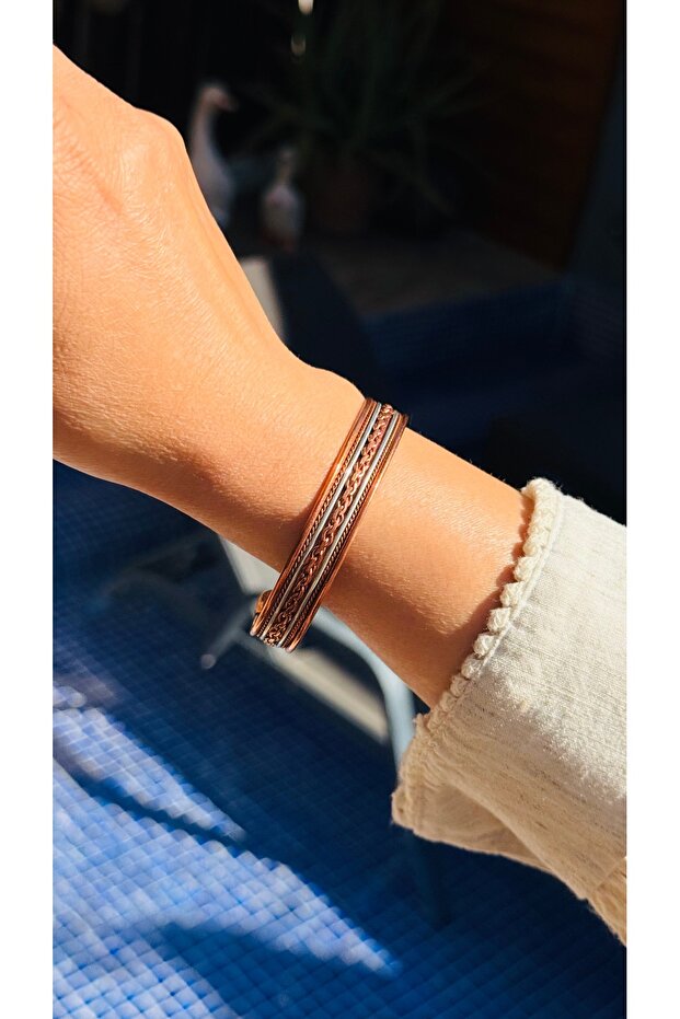 3 Row Braided Copper Cuff Bracelet with Detailed Weave | Silver Striped Unisex Accessory