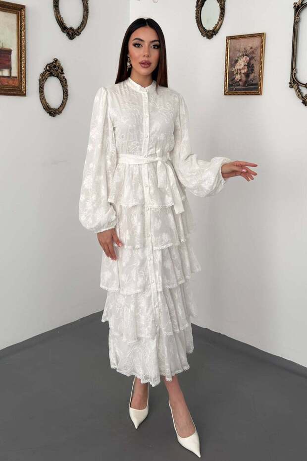 Women's White Long Dress with Stand Collar, Buttoned Belt, Flounces and Floral Texture