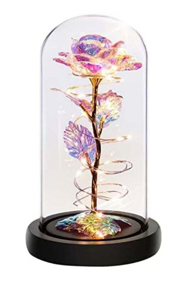 Artificial 24K Gold Foil Rose in Glass Dome with LED Lights, Eternal Decorative Golden Rose Gift for Anniversary, Birthday, Wedding, Valentine's Day & Home Décor