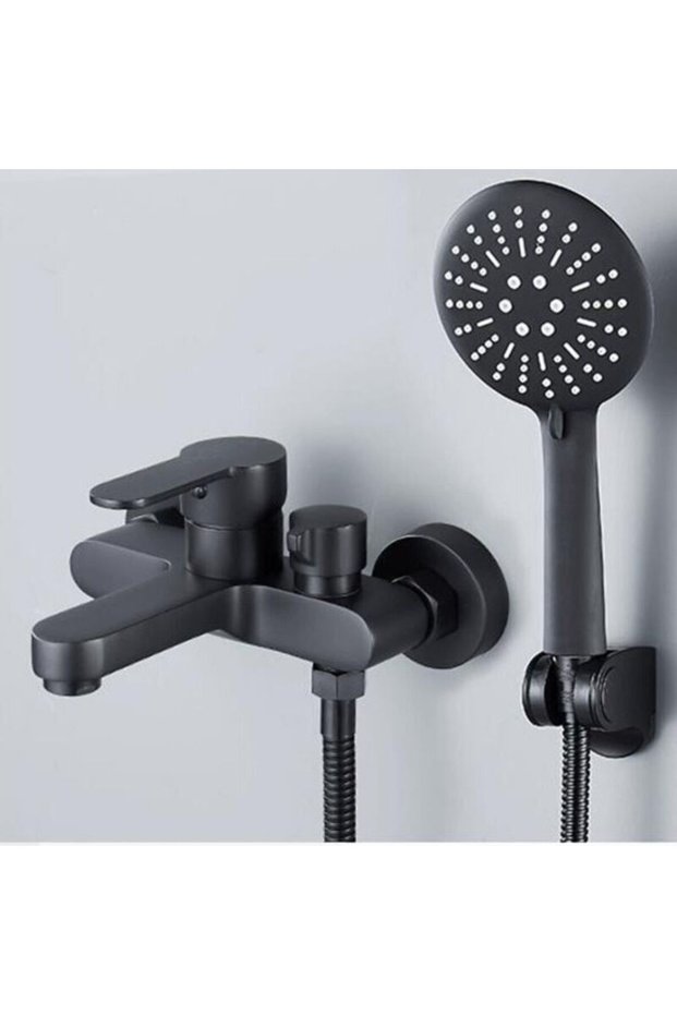 Black bathtub mixer faucet with three showerheads and hand shower - wall-mounted shower faucet, bathtub mixer faucet with bracket and hose