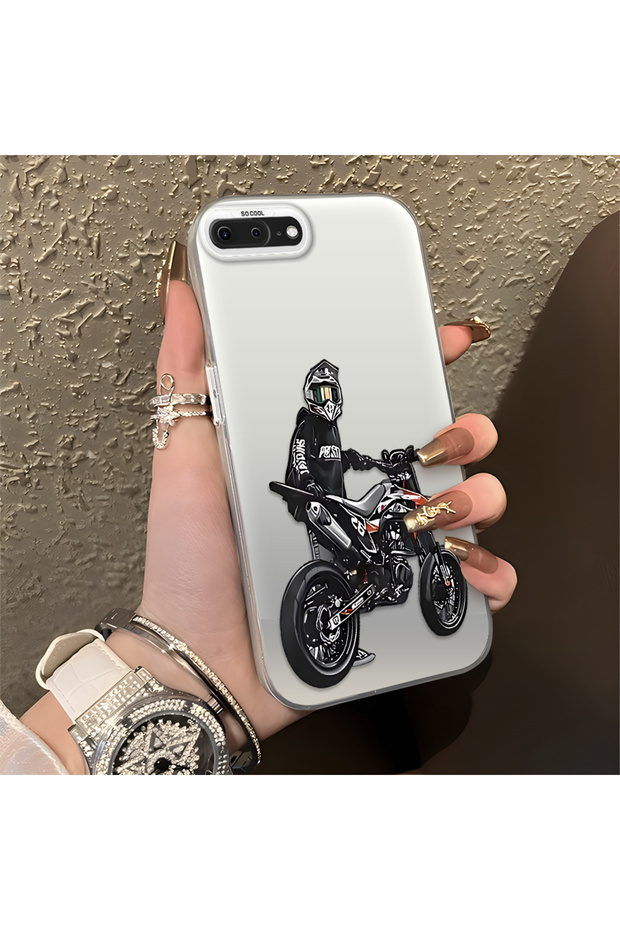 iPhone 7 Plus/8 Plus Compatible with Helmeted Motorcyclist Drawing Printed Men's Style Phone Protective Case
