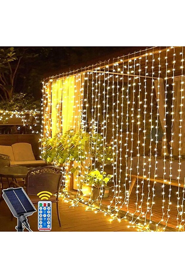 Outdoor solar curtain light, 3m x 3m, 300 LED solar lights, with remote control, 8 modes, solar waterfall (warm white light)