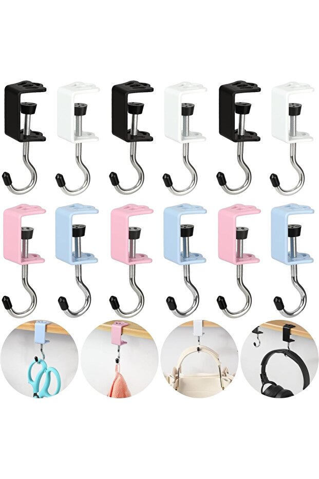 12-Pack Black Blue Pink White Under-Desk Adjustable Clip-On Wallet Hooks