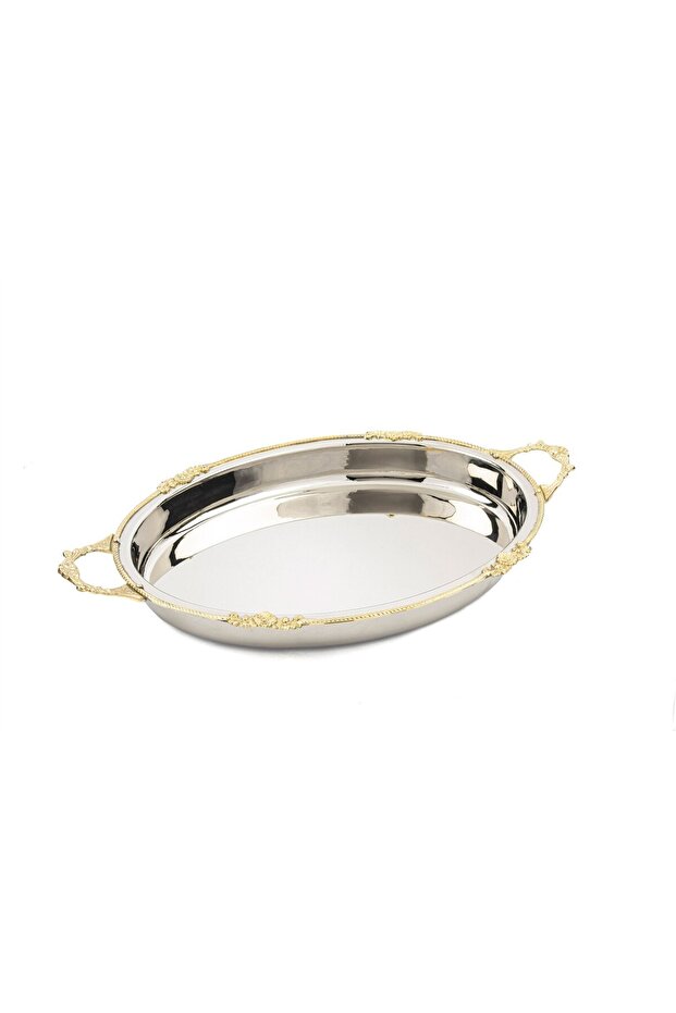 Silver Antique Gold Embroidered Oval Tray 54X32X8Cm