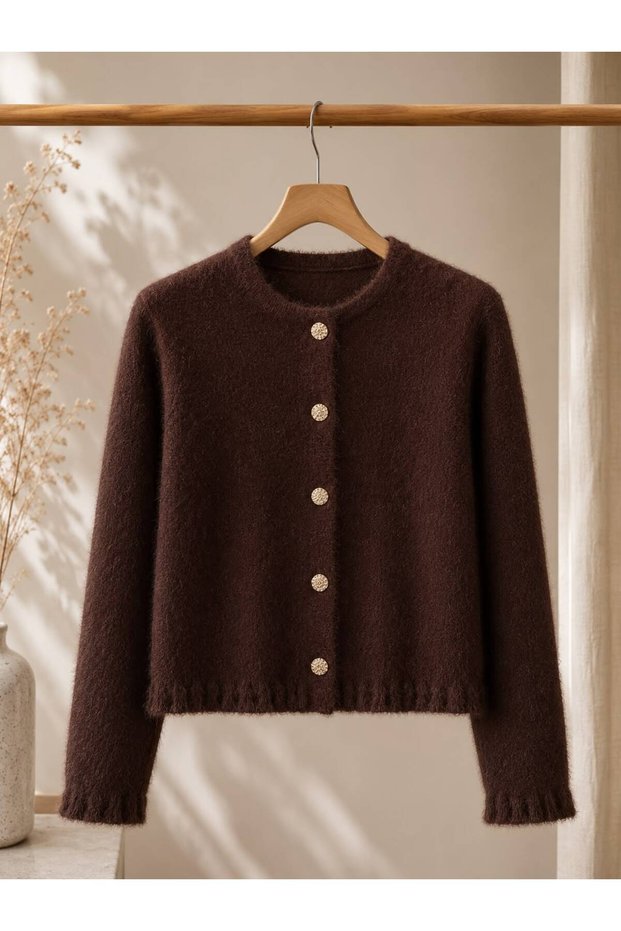 Gold Buttoned Ruffled Women's Knitwear Beard Cardigan