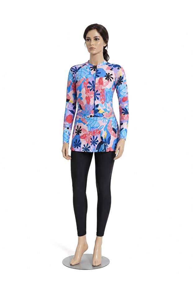 Swim suit for ladies- One-Piece Modest Swimsuit with Attached Full-Length Leggings, Colourful Leaf-Print Long-Sleeve Swim Dress and Front Zipper