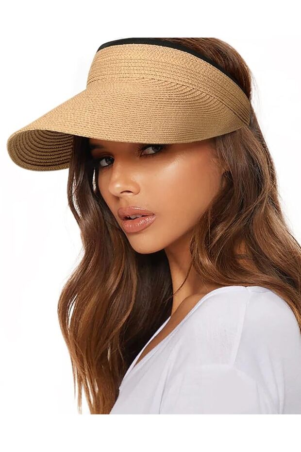 Women's foldable wide-brimmed straw sun hat, UPF 50+ sun protection brim - khaki