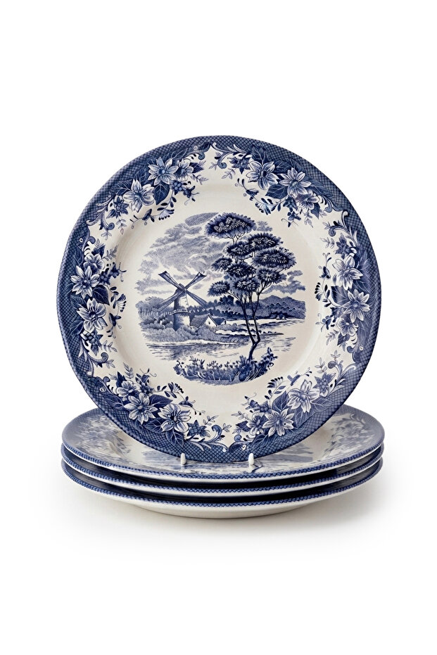 Earthenware Classic Blue Windmill & Floral Pattern Chop Plate, 12.1 Inch, White (Set of 4)