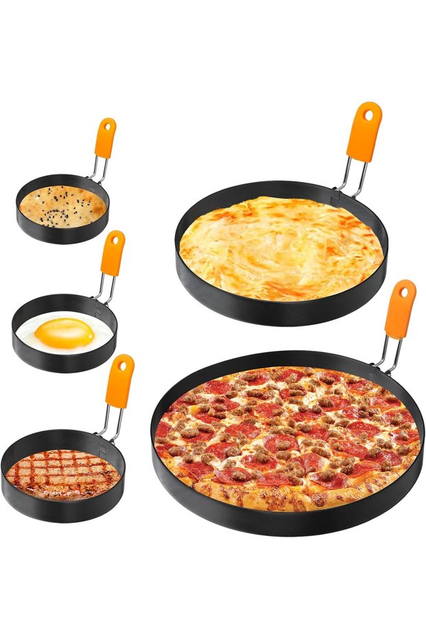 A set of 5 silicone-handled egg rings, made of stainless steel, perfect for making muffins, crepes, and breakfast items. (7.4cm, 8.9cm, 15cm, 20cm)