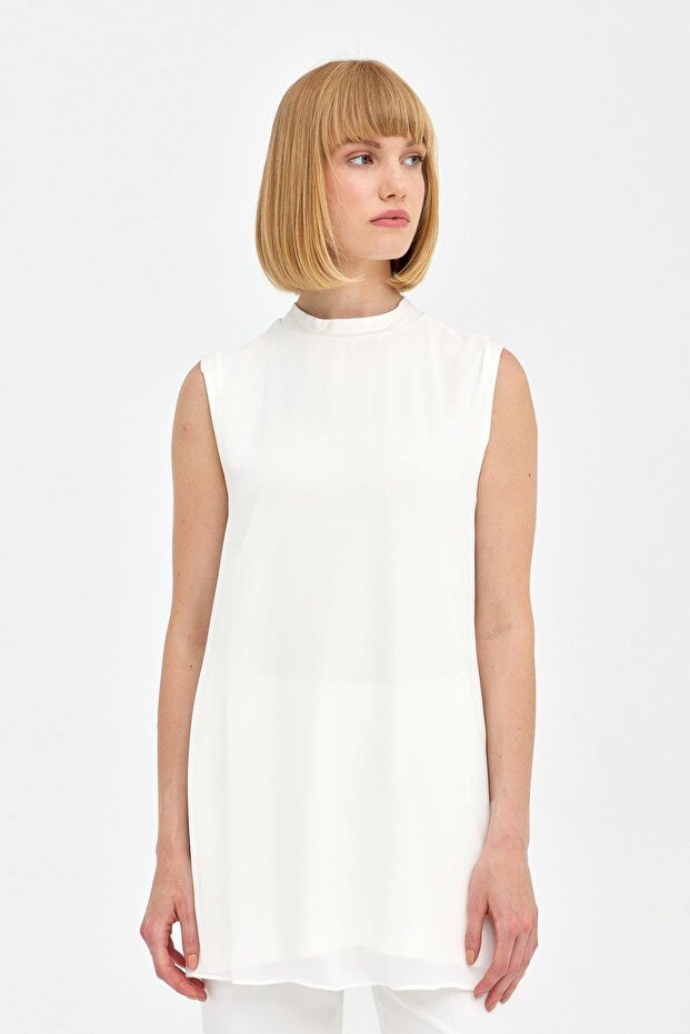 Chiffon Front Sleeveless Combed Cotton Undergarment - Ecru