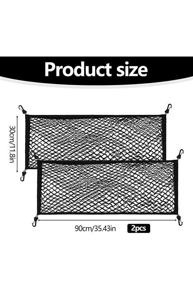 2-piece trunk net, 90×30cm plush cover, with 4 plastic hooks, car storage net, retractable car trunk net, for indoor use.