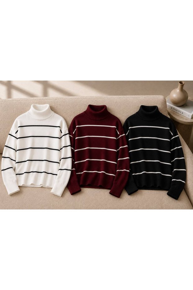 3-Piece Women's Winter Striped Knitwear Sweater Turtleneck Soft Textured
