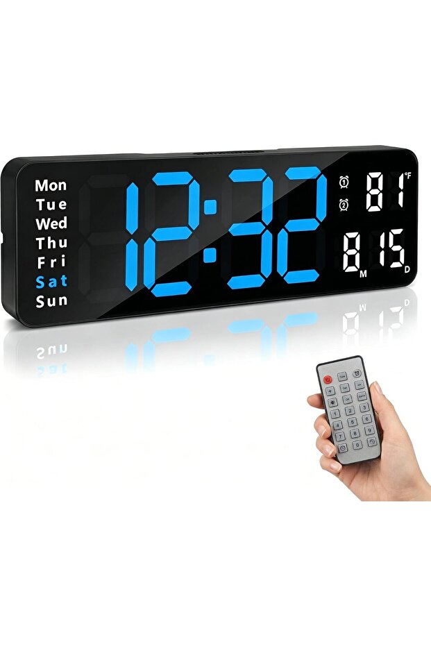 13 - inch large LED digital wall clock with remote control - design, adjustable brightness - displays time, date, and temperature - for living...