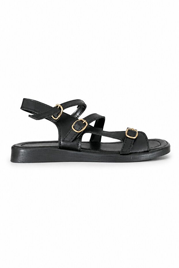 Women's Black Three-Buckle Daily Sandals with Adjustable Straps, Low Heel, Summer Comfortable Model