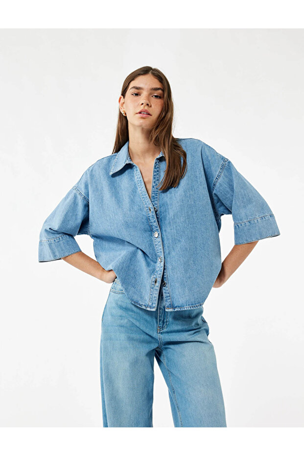 Oversize V-Neck Cotton Half Sleeve Jean Shirt