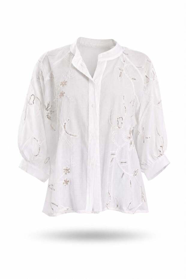 White Sequin Embroidered Flowy Shirt 39936