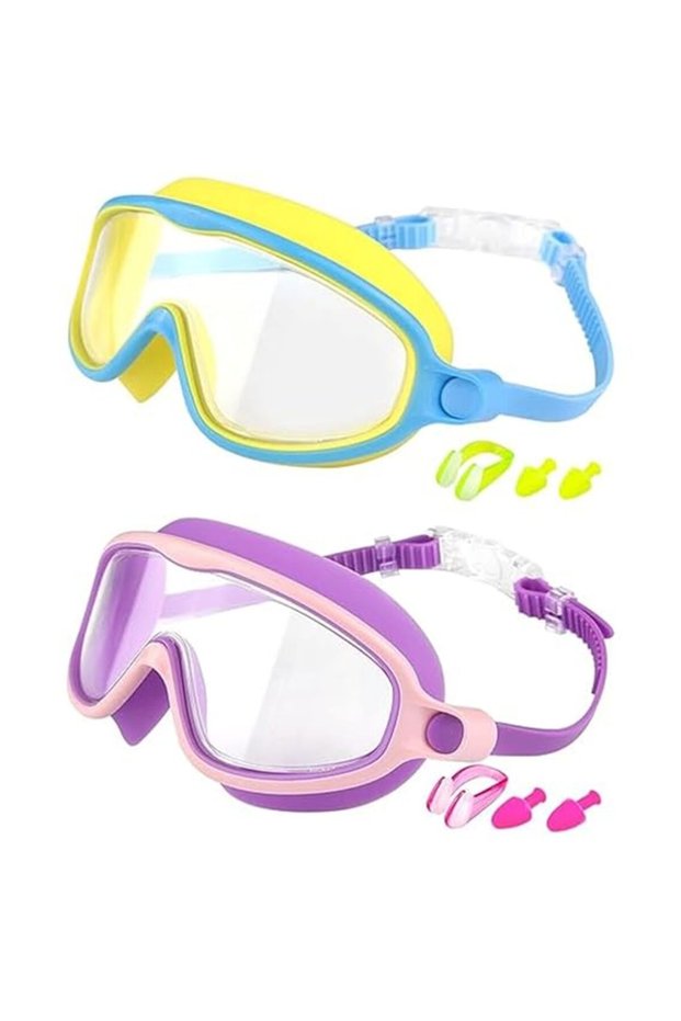 A two swimming goggles for children and teenagers aged 3 to 15, featuring anti - fog, UV protection, wide vision, and waterproof properties...