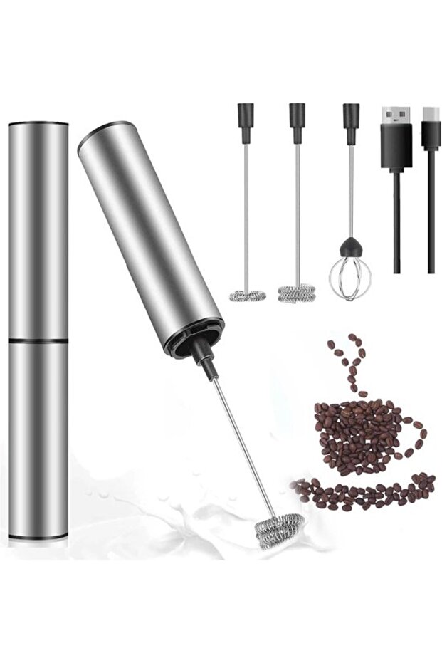 Electric Milk Frother - Mini Mixer - Drink Maker - USB Rechargeable - Stainless Steel - Silver
