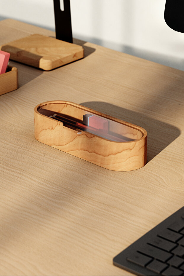 Oval Plexi Covered Pen Holder and Accessory Box |   Desktop Storage Box Made of Cherry Wood |
