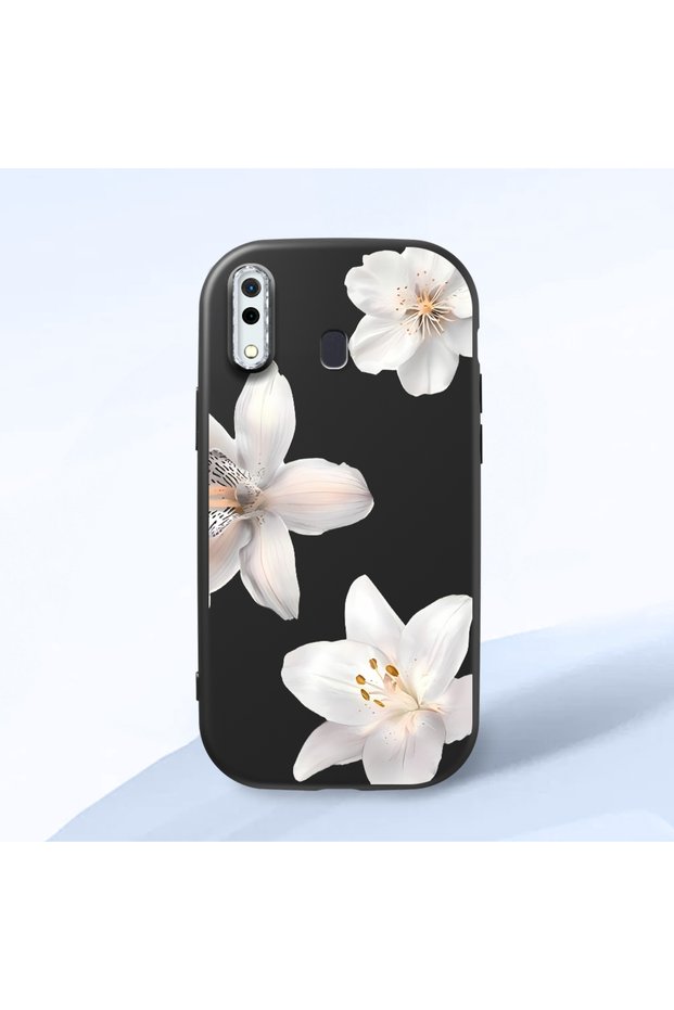 Samsung Galaxy A30 Compatible Case Camera Protective Black Silicone Couple Phone Case with Floral Pattern