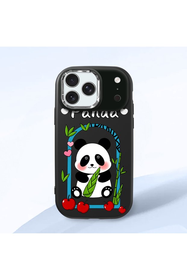 iPhone 17 Pro Compatible Case Camera Protector Black Silicone Couple Phone Case Panda Pattern