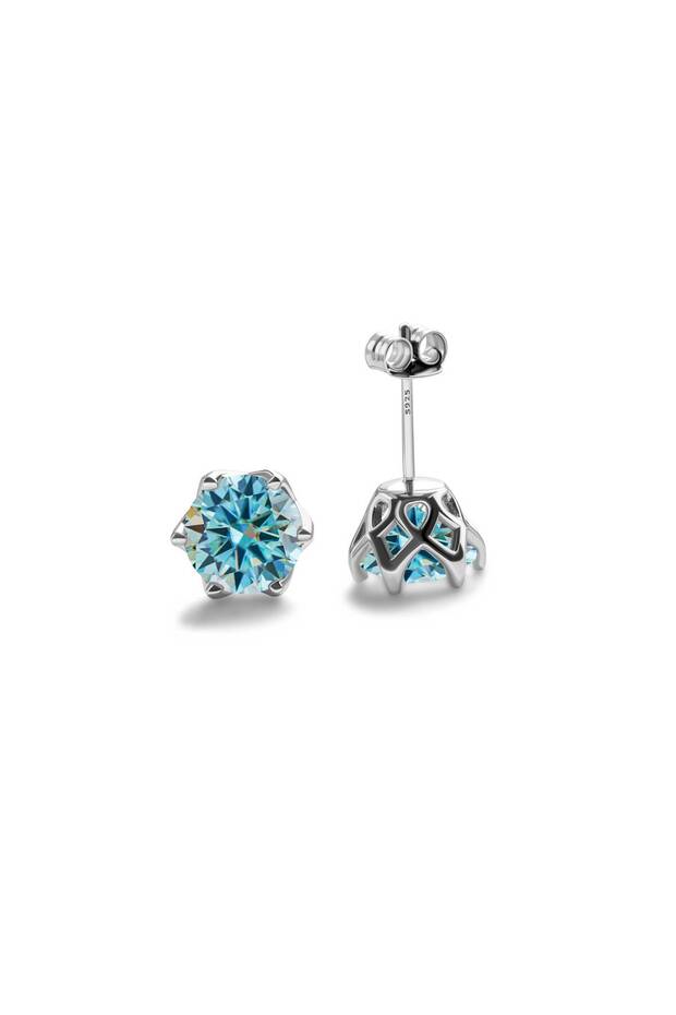 5mm blue Real 925 Sterling Silver Classic Round Stud Earrings 0.5/1/2CT*2 D Color Moissanite Fashion