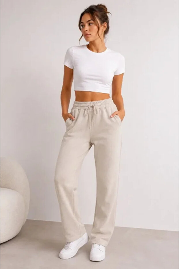 Pique Woven Fabric Pocketed Sweatpants with Elastic Laces for 4 Seasons - Beige