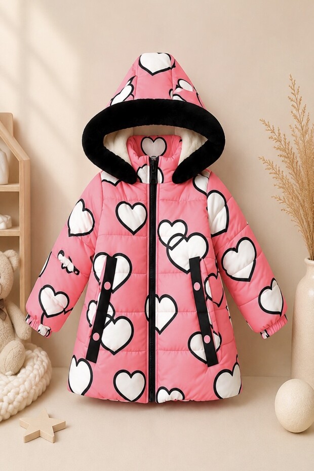 New Cute Heart Printed Furry Pocket Hooded Winter Plush Inside Inflatable Coat for Baby Girls