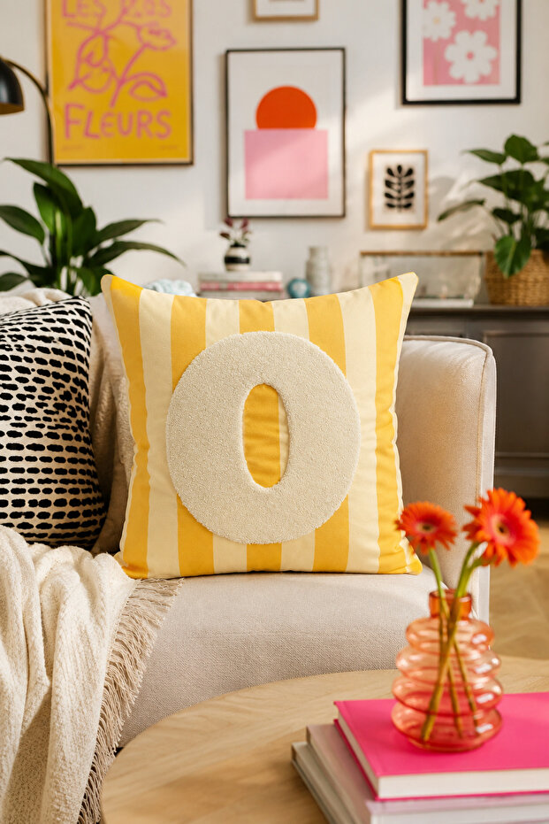 Punch Embroidered Throw Pillow Cover - 43*43 cm - Yellow Letter O - Pnk001