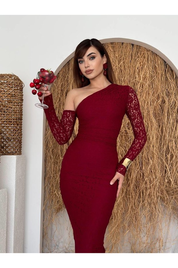 Women's Burgundy One-Shoulder Lace Long Sleeve Fitted Midi Dress
